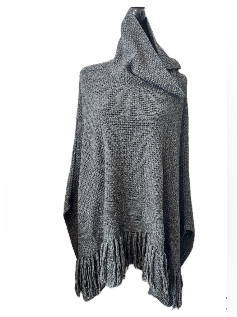 Coldwater Creek Gray Cowl Neck Fringe Poncho Cape Sweater Boho Wool Blend - Picture 3 of 6